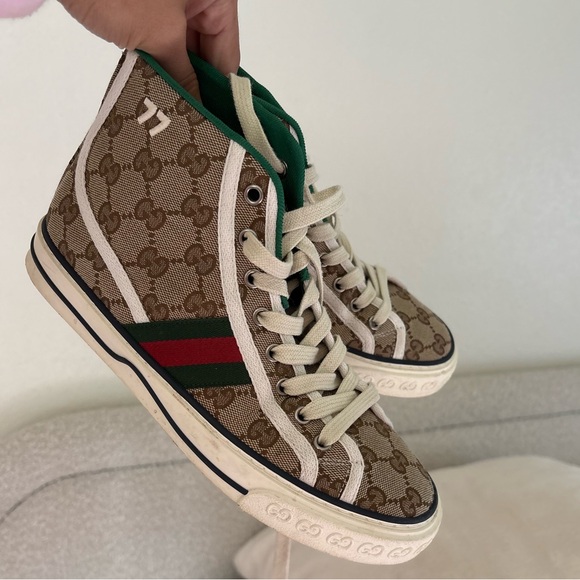 Gucci Beige Monogram High-Tops with Green and Red Stripes - Picture 1 of 4